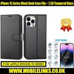 iPhone 15 Series Black Book Case Flip + 2.5D Tempered Glass